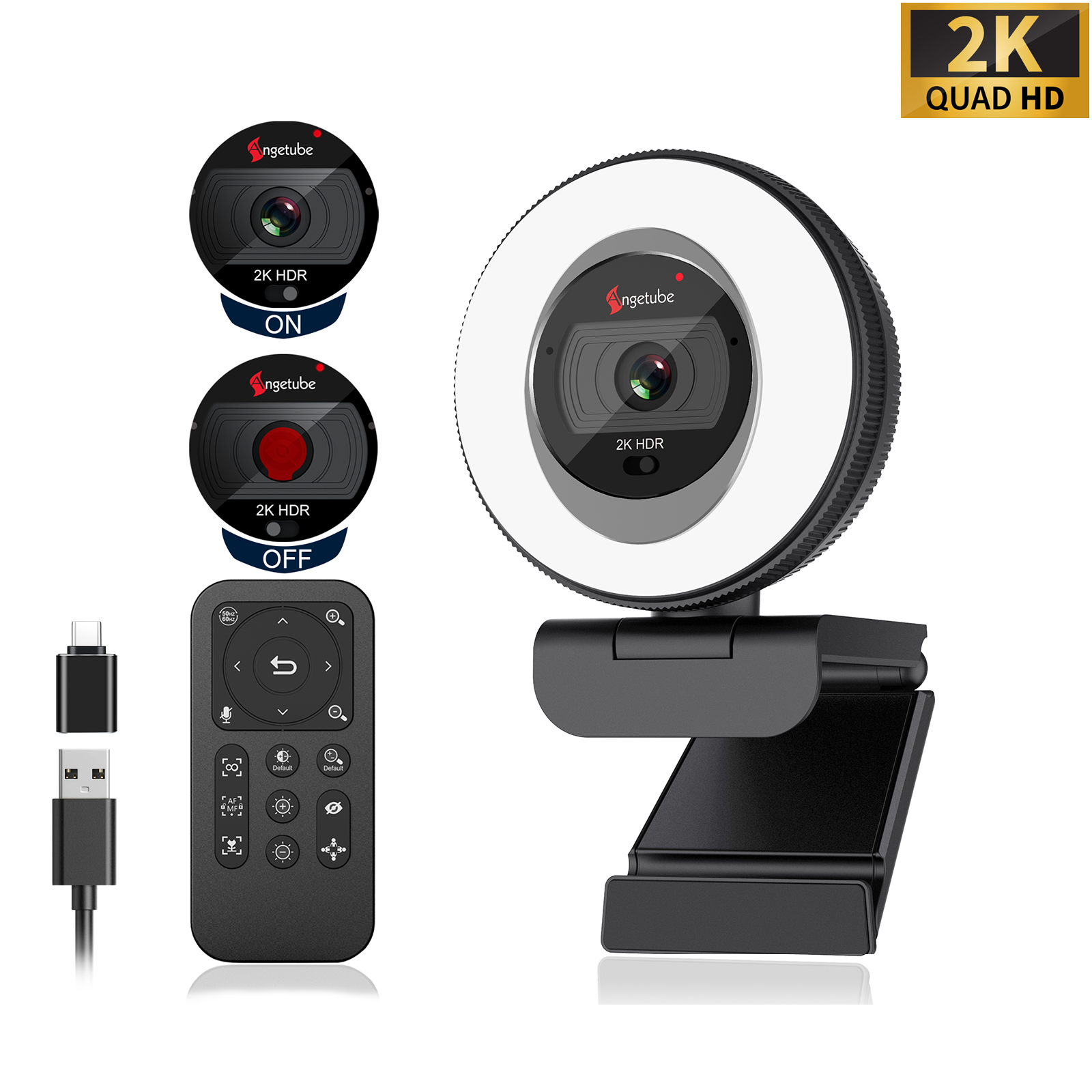2k Streaming Angetube 2K Streaming Webcam with Ring Light with Remote