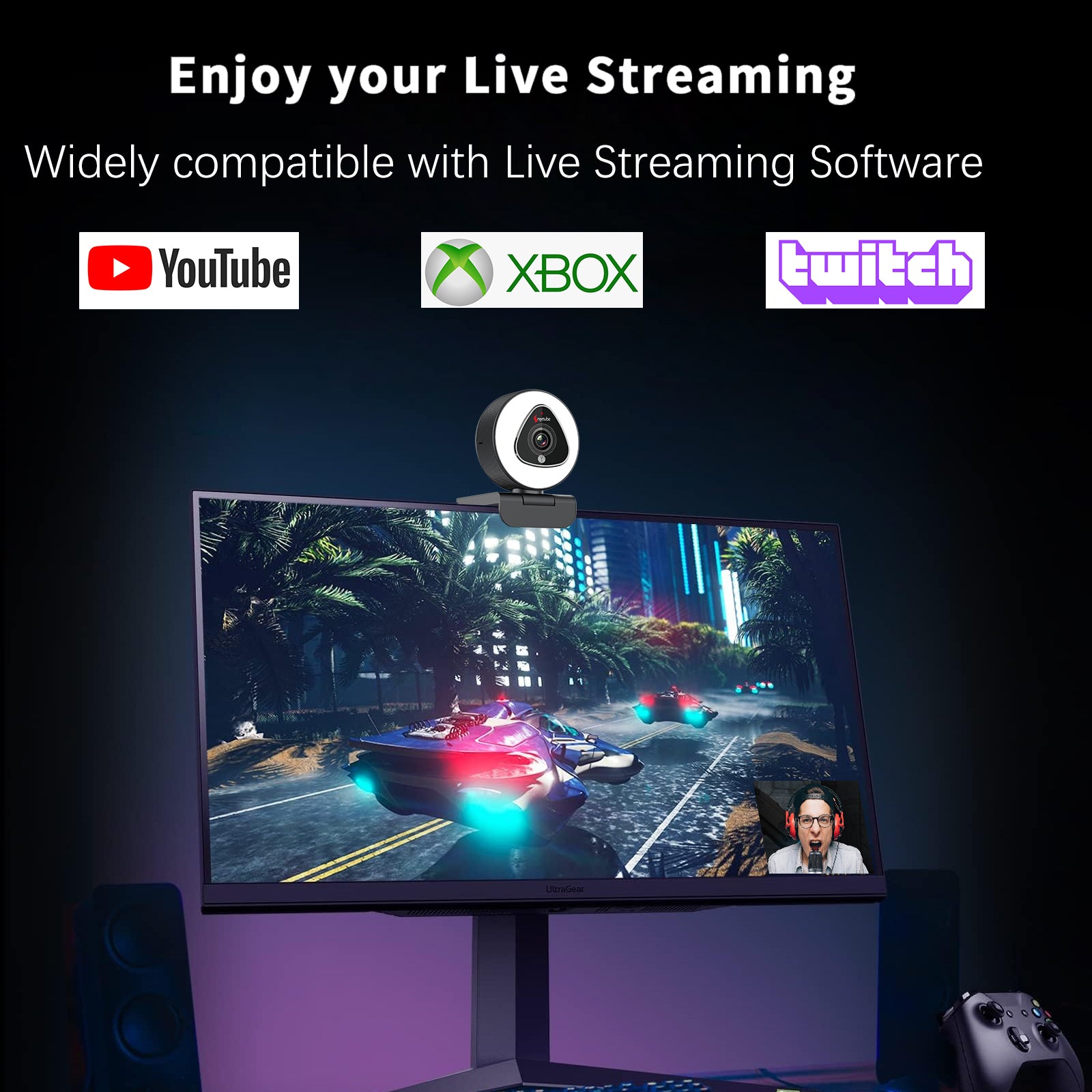 1080P HD Webcam for Streaming with Ligh with Microphone